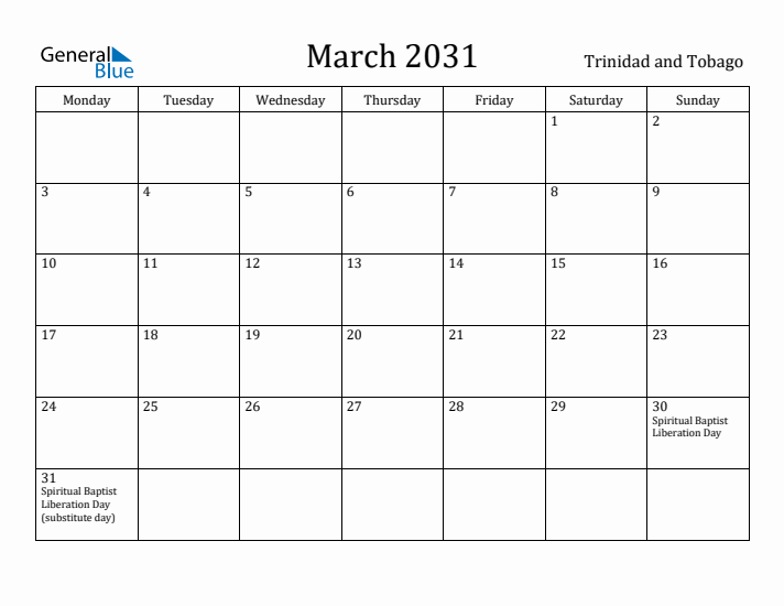 March 2031 Calendar Trinidad and Tobago