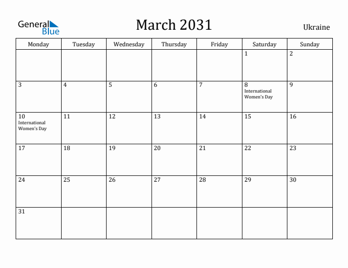 March 2031 Calendar Ukraine