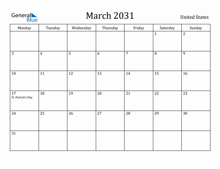 March 2031 Calendar United States