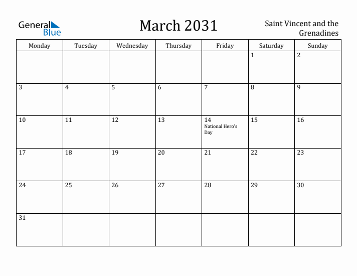 March 2031 Calendar Saint Vincent and the Grenadines