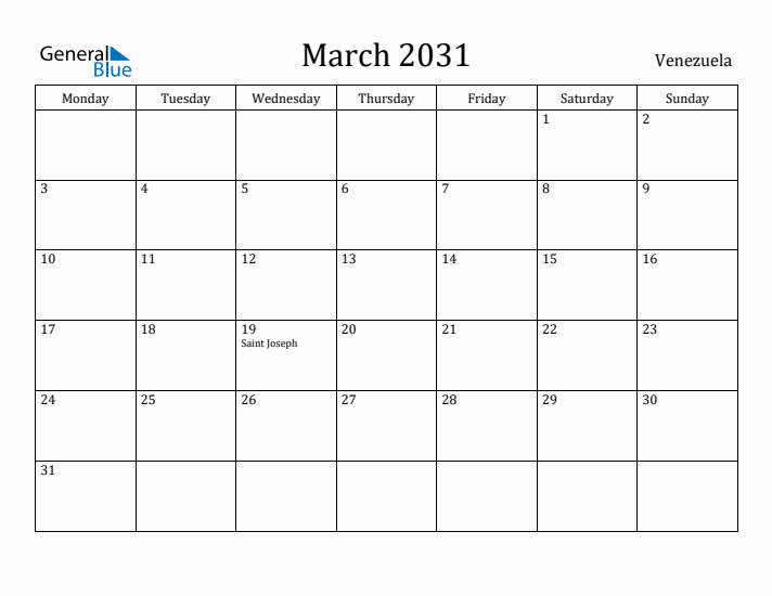 March 2031 Calendar Venezuela