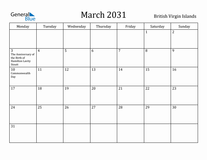March 2031 Calendar British Virgin Islands