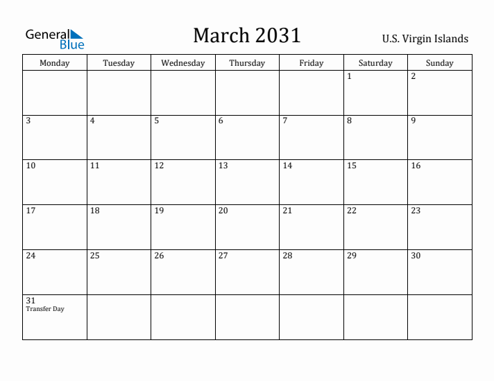 March 2031 Calendar U.S. Virgin Islands