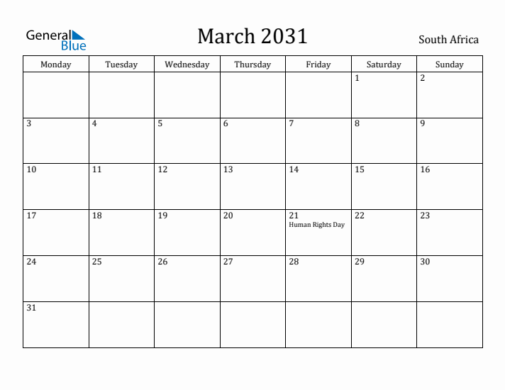 March 2031 Calendar South Africa