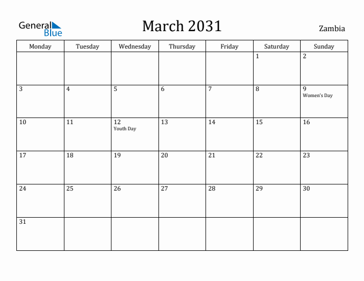 March 2031 Calendar Zambia