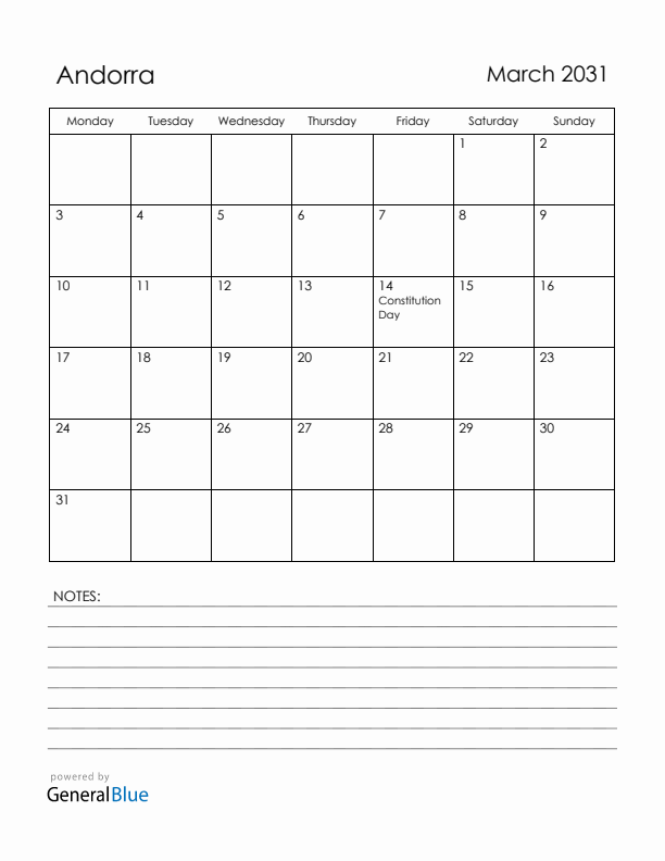 March 2031 Andorra Calendar with Holidays (Monday Start)