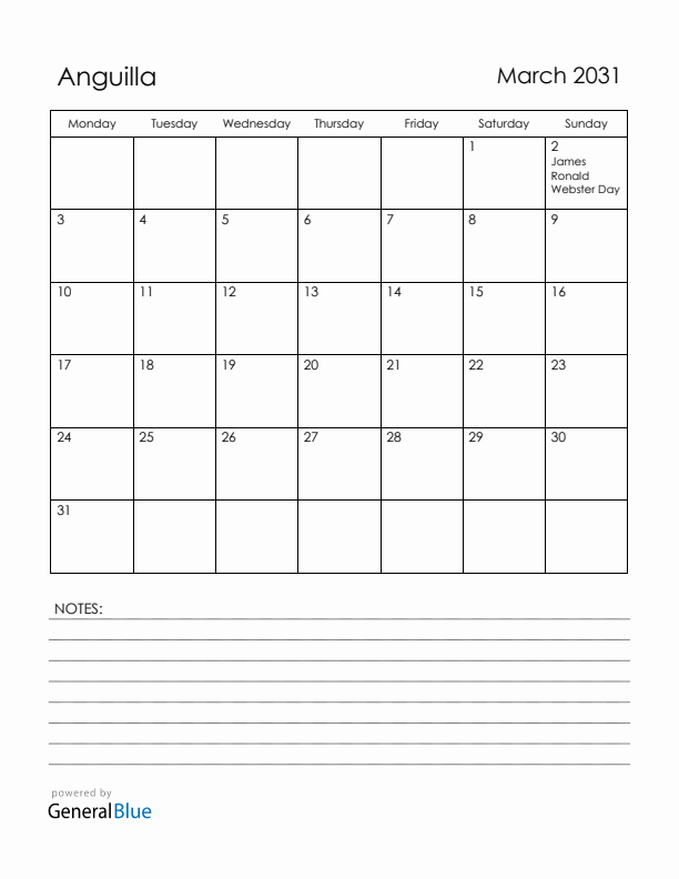 March 2031 Anguilla Calendar with Holidays (Monday Start)