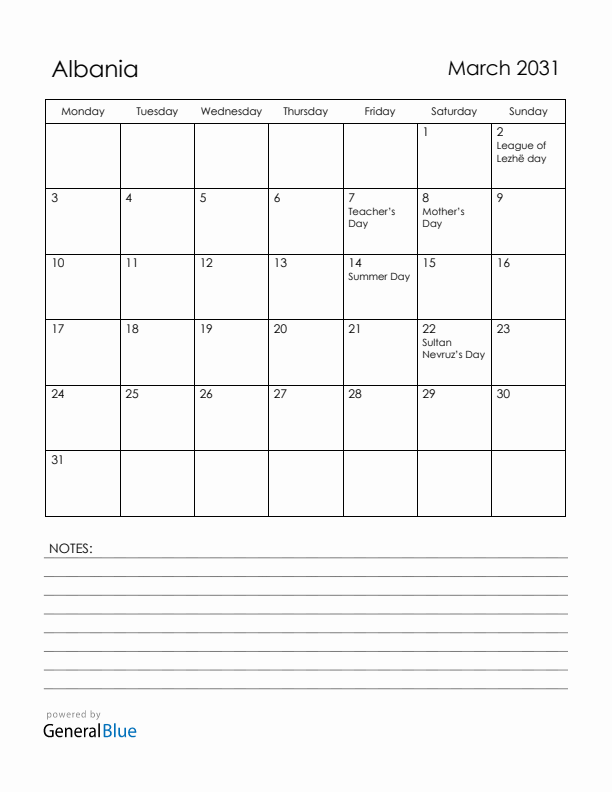 March 2031 Albania Calendar with Holidays (Monday Start)