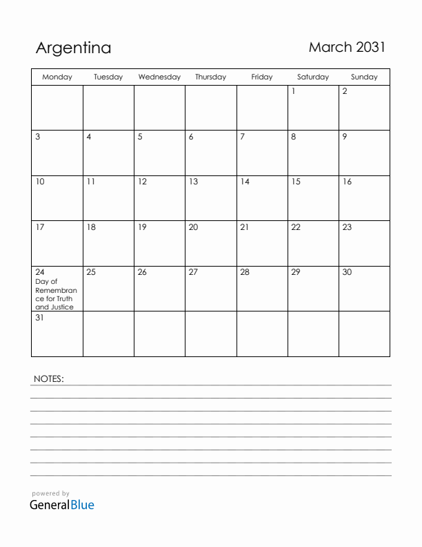 March 2031 Argentina Calendar with Holidays (Monday Start)