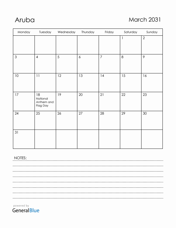 March 2031 Aruba Calendar with Holidays (Monday Start)