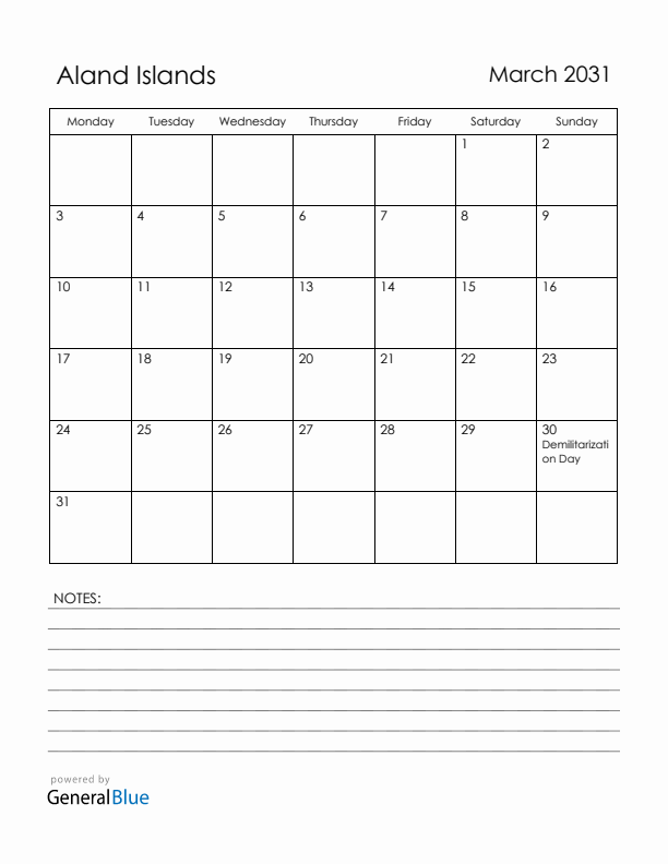 March 2031 Aland Islands Calendar with Holidays (Monday Start)