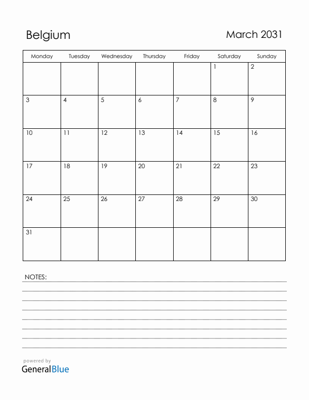 March 2031 Belgium Calendar with Holidays (Monday Start)