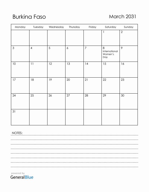 March 2031 Burkina Faso Calendar with Holidays (Monday Start)