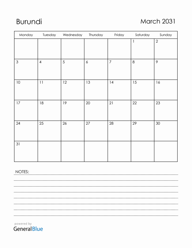 March 2031 Burundi Calendar with Holidays (Monday Start)