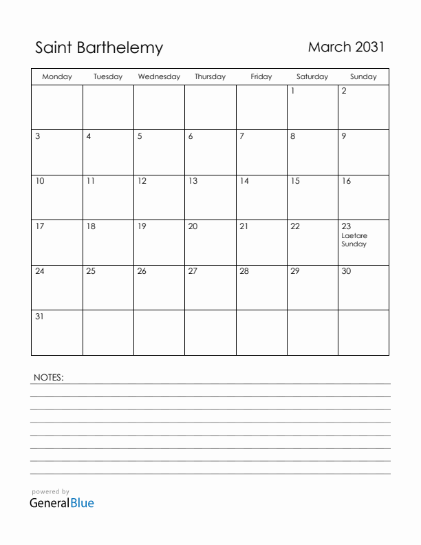 March 2031 Saint Barthelemy Calendar with Holidays (Monday Start)