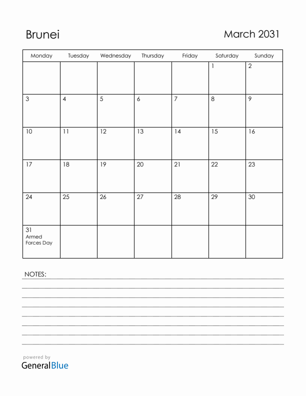 March 2031 Brunei Calendar with Holidays (Monday Start)