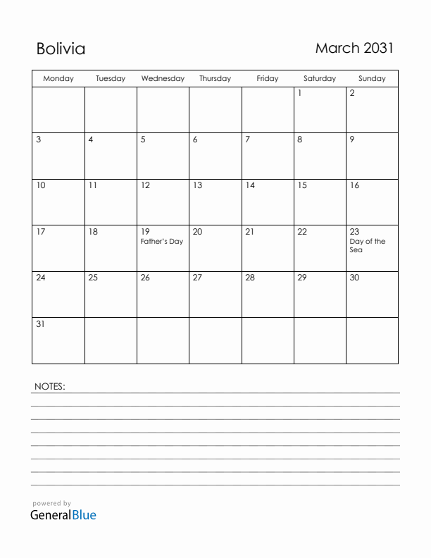 March 2031 Bolivia Calendar with Holidays (Monday Start)