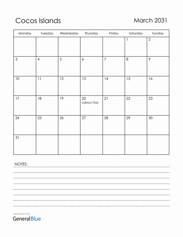 March 2031 Cocos Islands Calendar with Holidays (Monday Start)