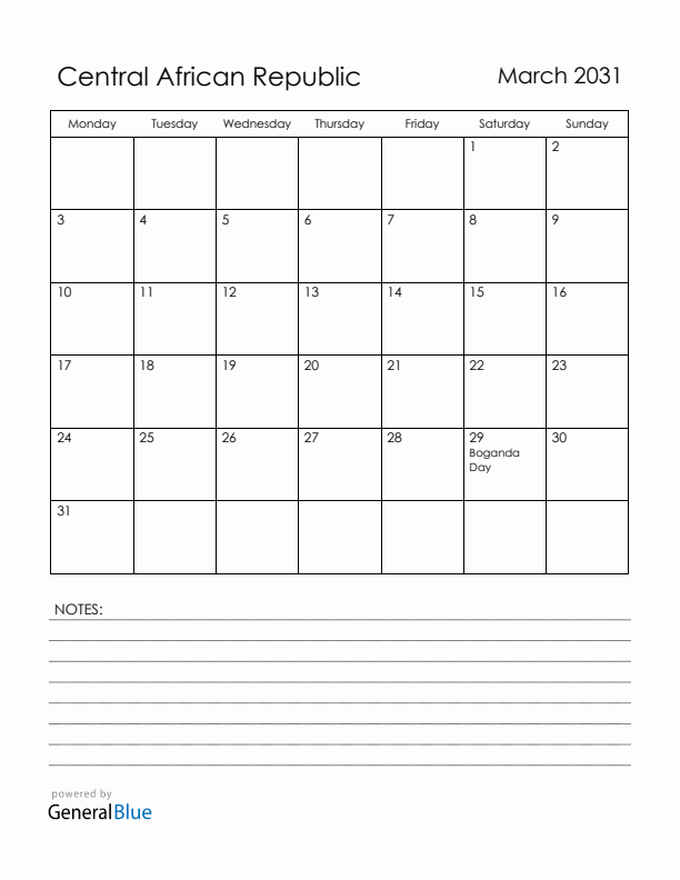 March 2031 Central African Republic Calendar with Holidays (Monday Start)
