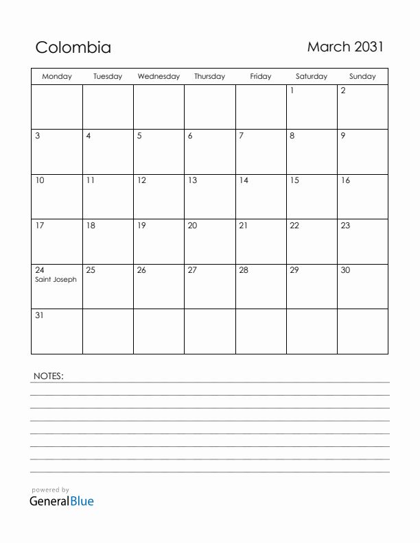March 2031 Colombia Calendar with Holidays (Monday Start)