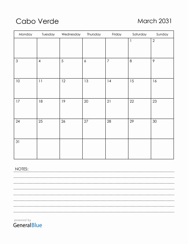 March 2031 Cabo Verde Calendar with Holidays (Monday Start)