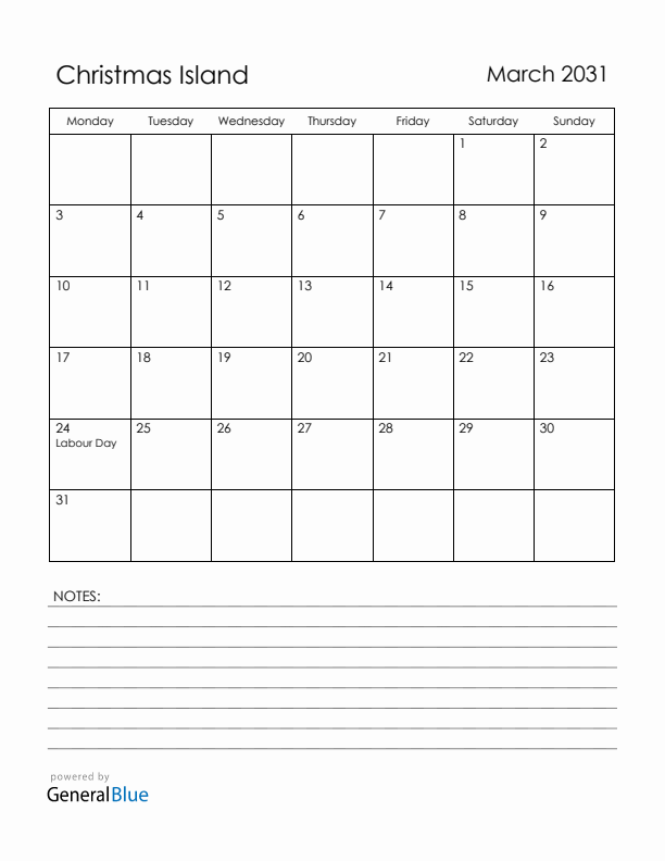 March 2031 Christmas Island Calendar with Holidays (Monday Start)