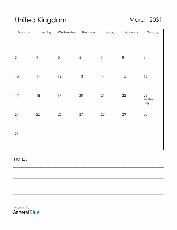 March 2031 United Kingdom Calendar with Holidays (Monday Start)