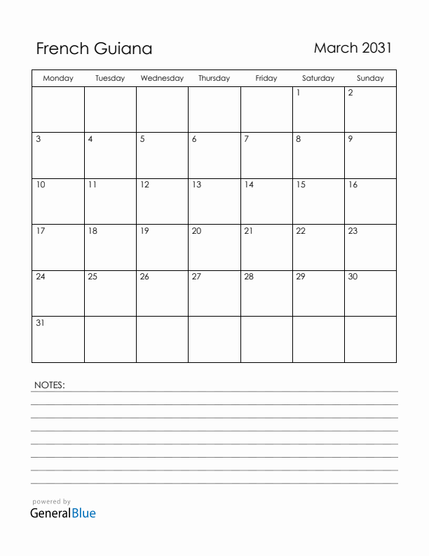 March 2031 French Guiana Calendar with Holidays (Monday Start)