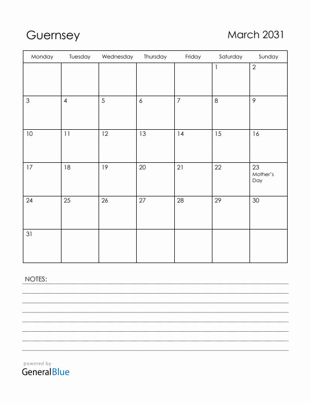March 2031 Guernsey Calendar with Holidays (Monday Start)