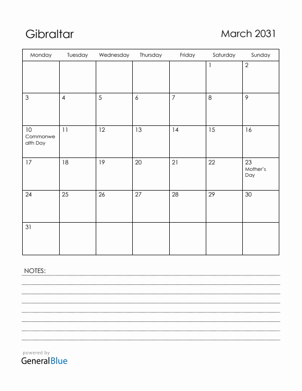March 2031 Gibraltar Calendar with Holidays (Monday Start)