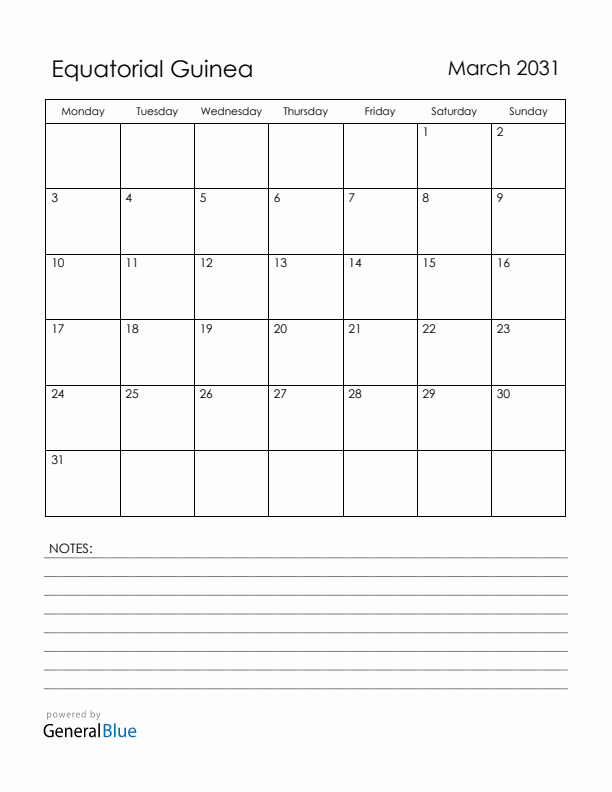 March 2031 Equatorial Guinea Calendar with Holidays (Monday Start)