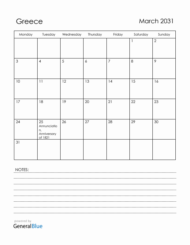 March 2031 Greece Calendar with Holidays (Monday Start)