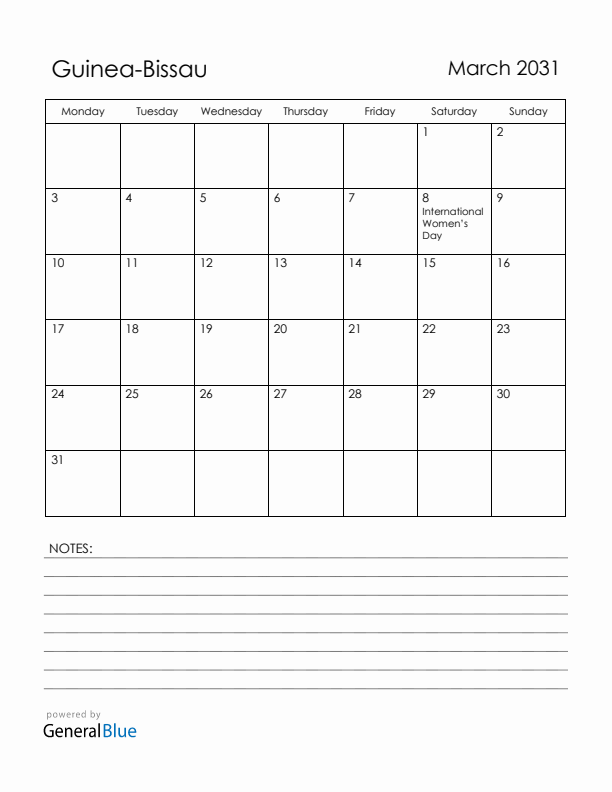 March 2031 Guinea-Bissau Calendar with Holidays (Monday Start)