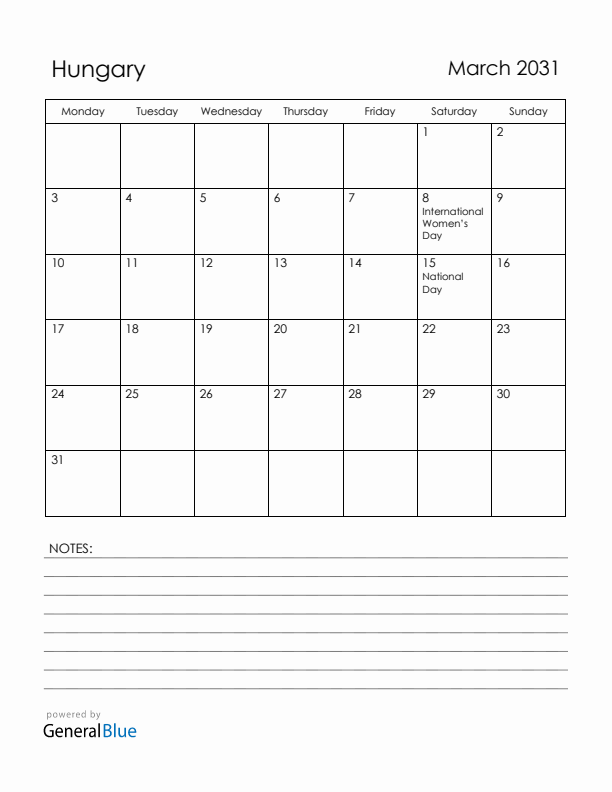 March 2031 Hungary Calendar with Holidays (Monday Start)
