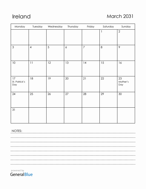 March 2031 Ireland Calendar with Holidays (Monday Start)