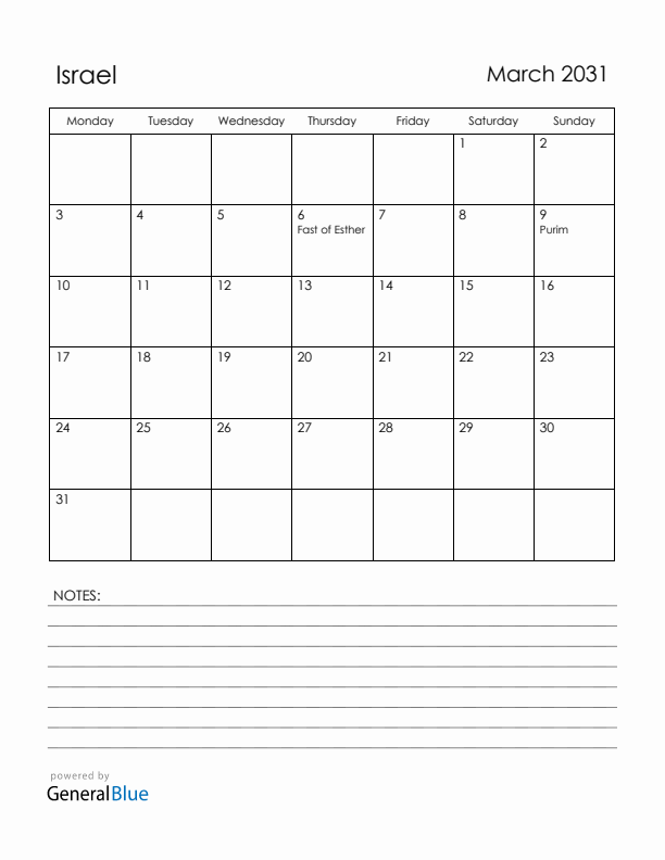 March 2031 Israel Calendar with Holidays (Monday Start)