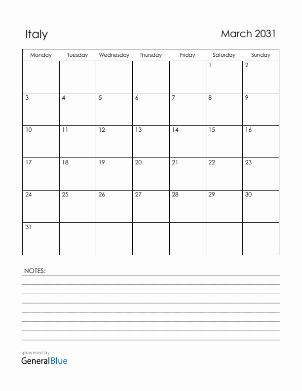 March 2031 Italy Calendar with Holidays (Monday Start)