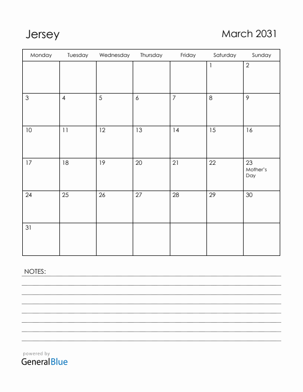 March 2031 Jersey Calendar with Holidays (Monday Start)