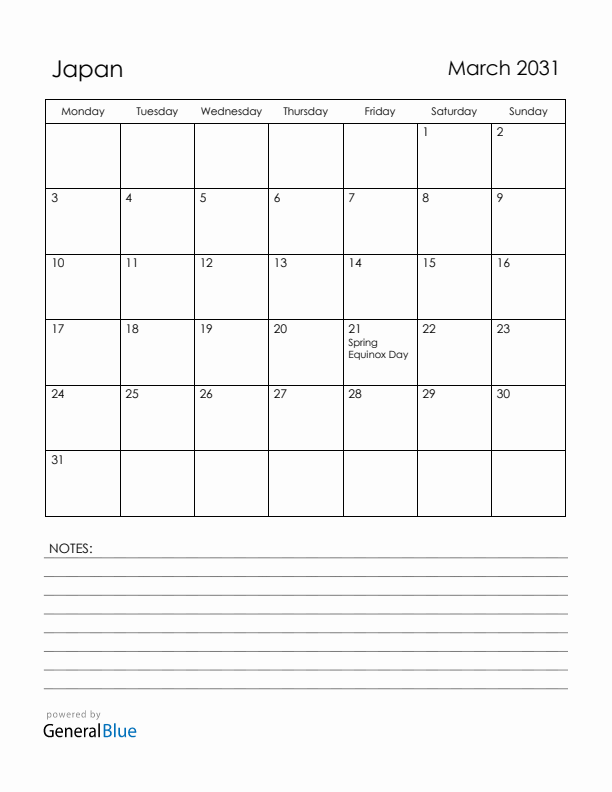March 2031 Japan Calendar with Holidays (Monday Start)