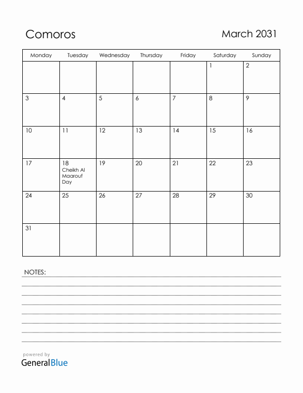 March 2031 Comoros Calendar with Holidays (Monday Start)