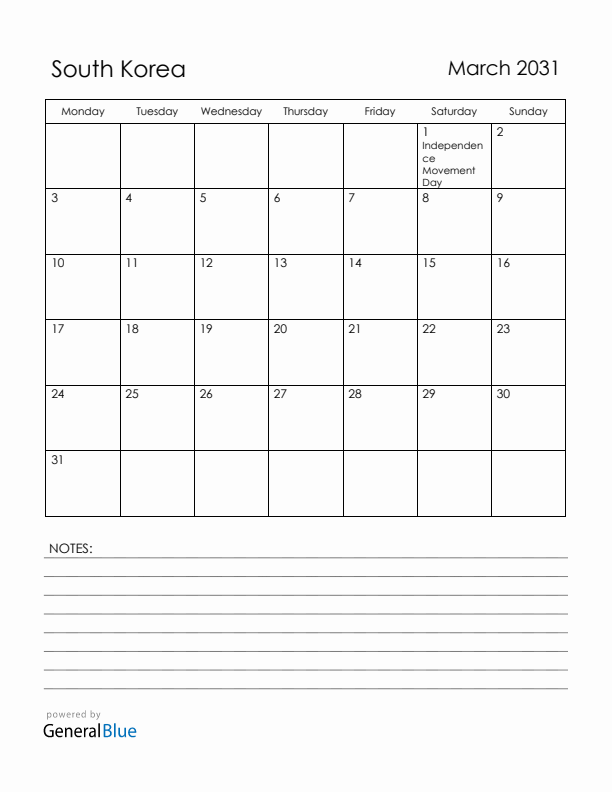 March 2031 South Korea Calendar with Holidays (Monday Start)