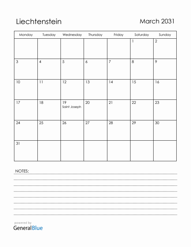 March 2031 Liechtenstein Calendar with Holidays (Monday Start)