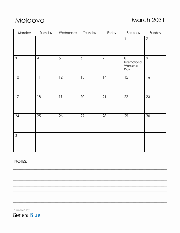 March 2031 Moldova Calendar with Holidays (Monday Start)
