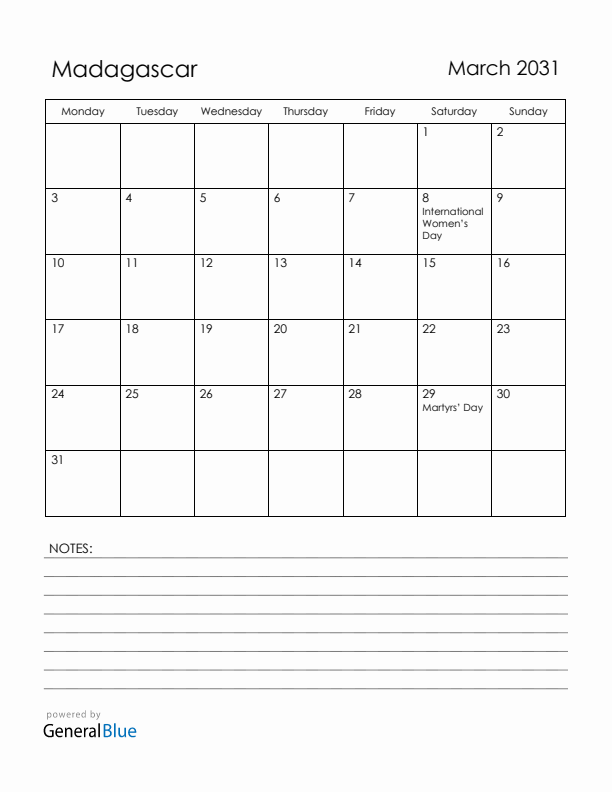 March 2031 Madagascar Calendar with Holidays (Monday Start)