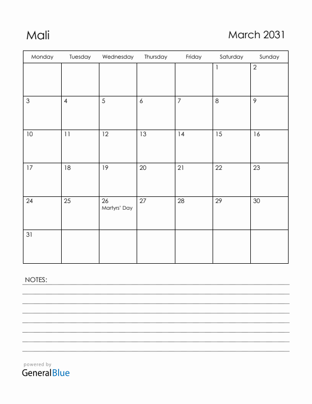 March 2031 Mali Calendar with Holidays (Monday Start)