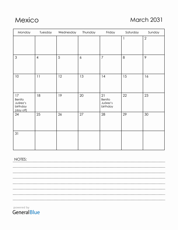 March 2031 Mexico Calendar with Holidays (Monday Start)