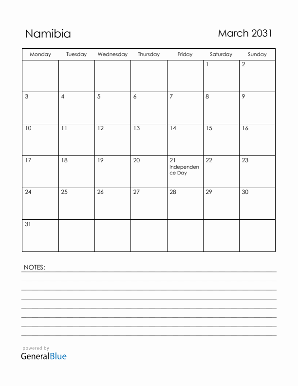 March 2031 Namibia Calendar with Holidays (Monday Start)