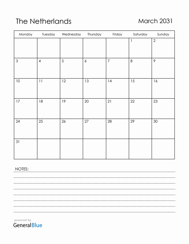 March 2031 The Netherlands Calendar with Holidays (Monday Start)