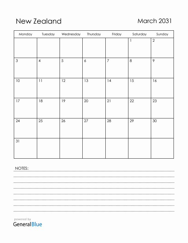 March 2031 New Zealand Calendar with Holidays (Monday Start)