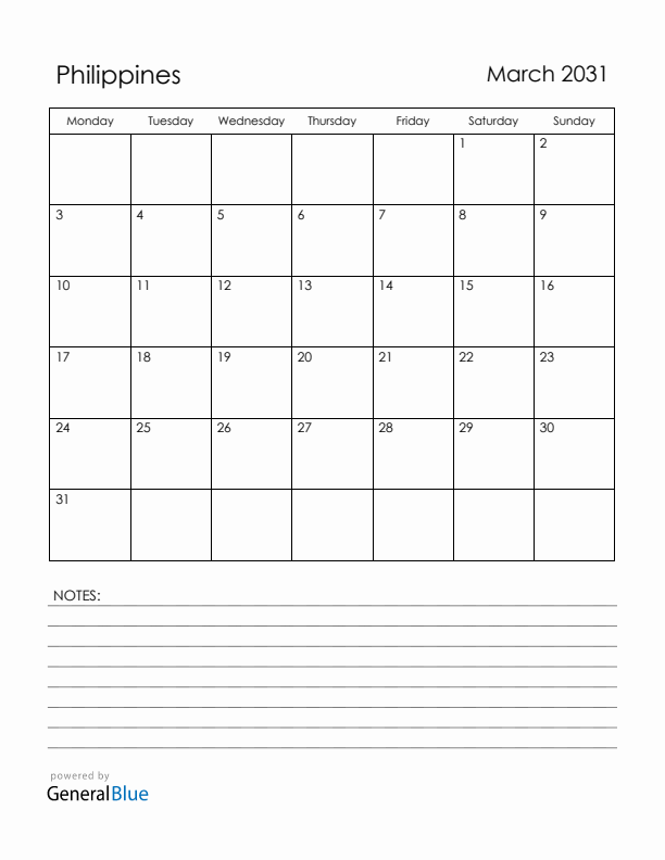 March 2031 Philippines Calendar with Holidays (Monday Start)